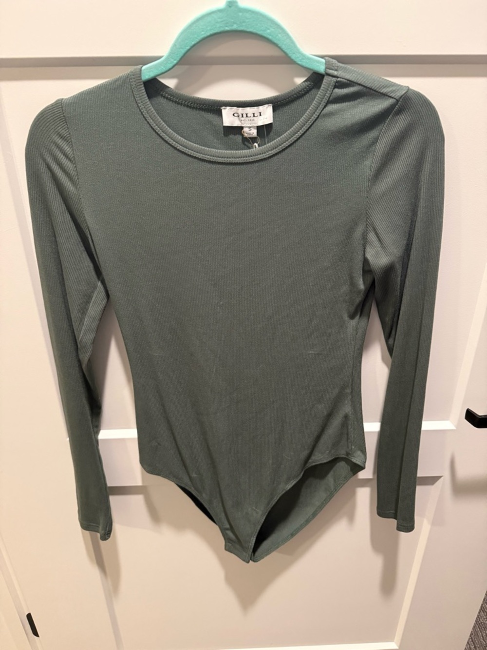 Gilli Ribbed Knit Bodysuit | Olive Green Long Sleeve | Asymmetrical Hem | Size S